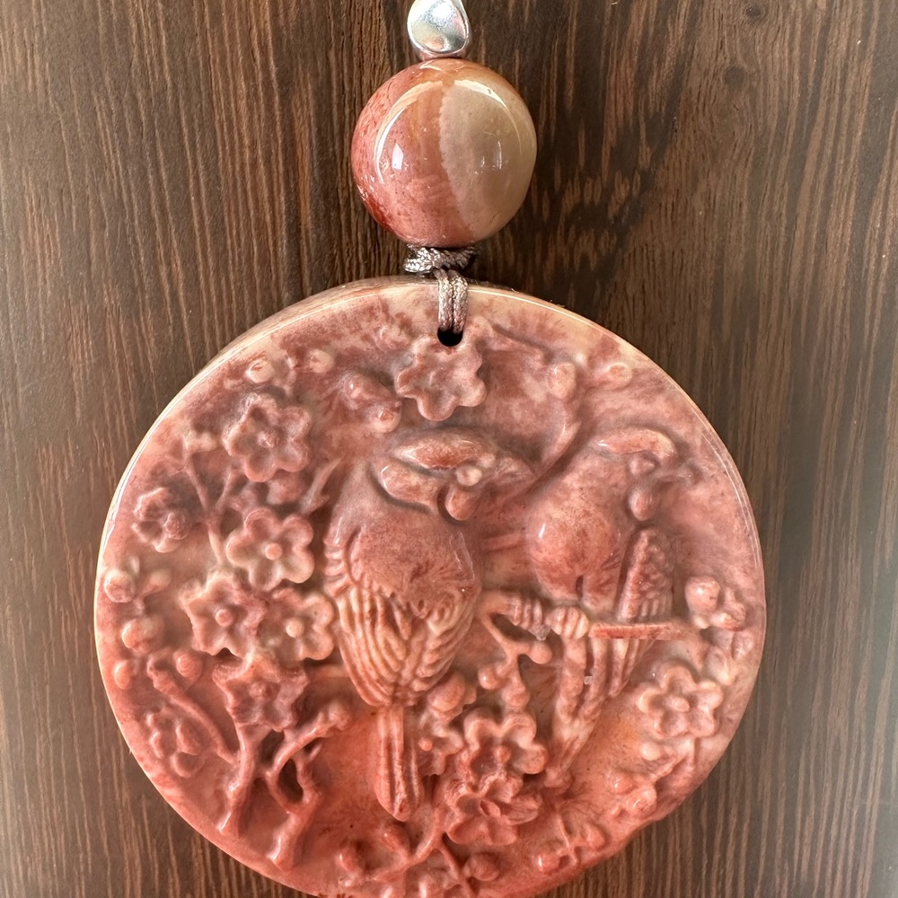Coral Fossil Carved Round Bird Pendant Necklace on Tan Adjustable Rope - Picture 6 of 13